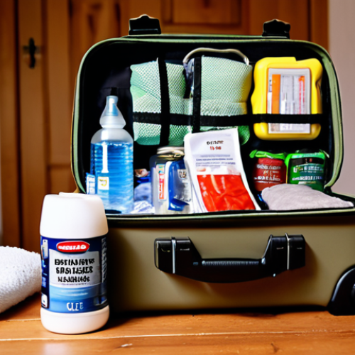 **Prompt:** A well-organized survival kit displayed on a wooden table. The kit includes essential items like bottled water, canned food, a first-aid kit, a flashlight, a multi-tool knife, and a thermal blanket. The background shows a blurred, cozy Polish home interior. Emphasis on preparedness and a sense of security.  Style: Realistic photography, warm lighting.